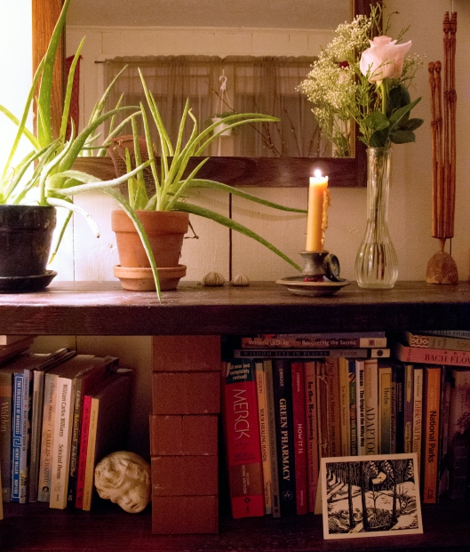 Bookshelf with candle